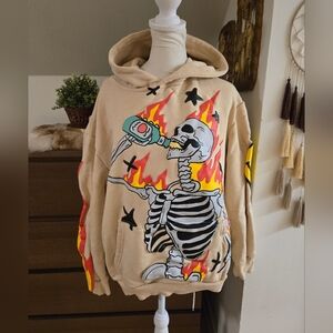 Very Cool Everything's Good tan graphic skeleton sweatshirt